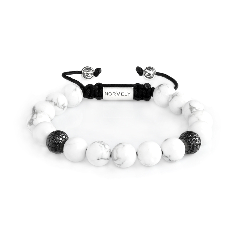 Sterling Silver Ruthenium Plated Beads With Black CZ Diamonds & Howlite Stones 10mm Basic Bracelet