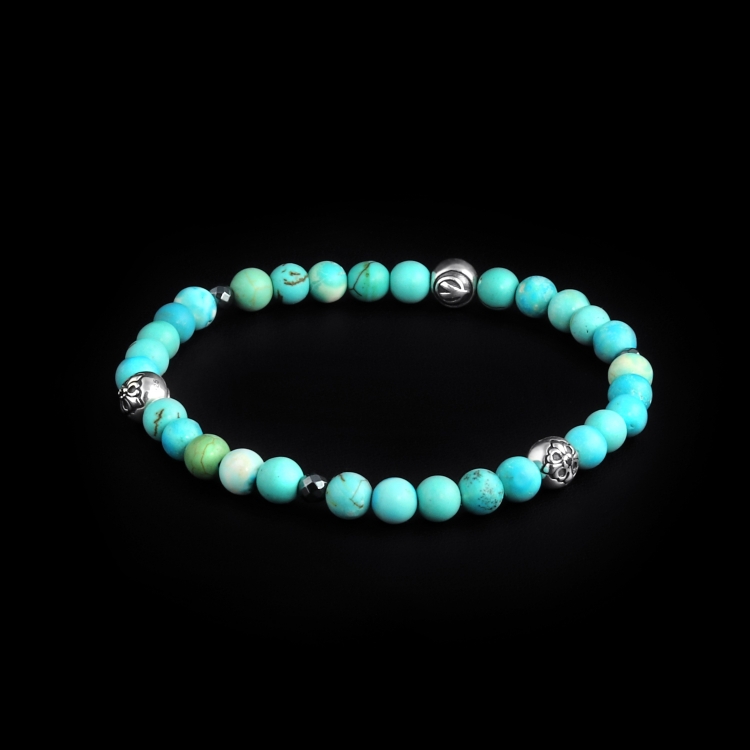 Sterling Silver Lily Balls – Bali Turquoise & Hematite Stones 6mm Elastic Bracelet
