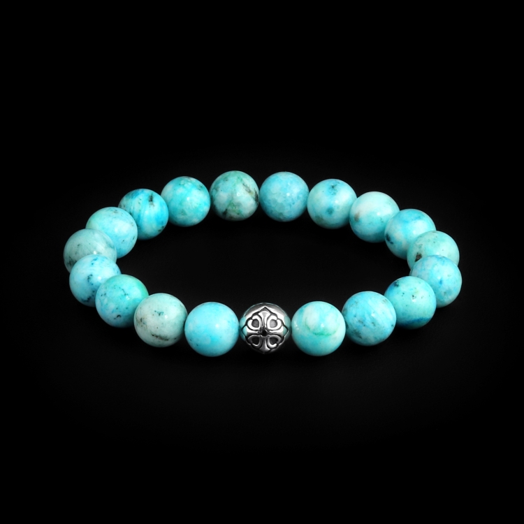 925 Sterling Silver Lily Ball & Hemimorphite Stones 10mm Elastic Bracelet