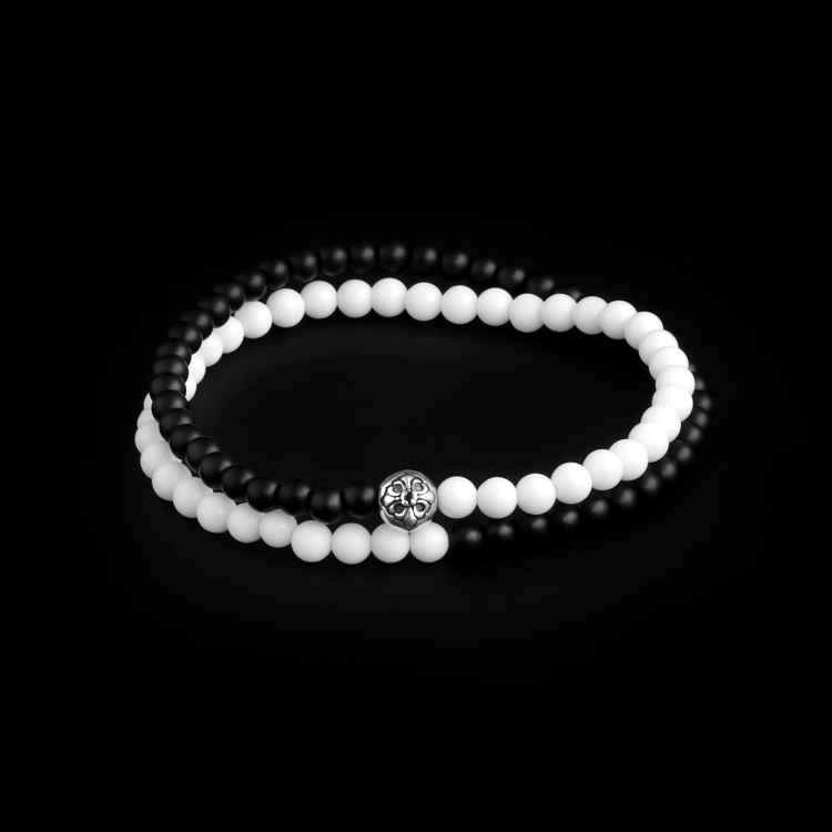 Sterling Silver Lily Ball – Tridacna & Onyx Stones 4mm Double Wrap Bracelet