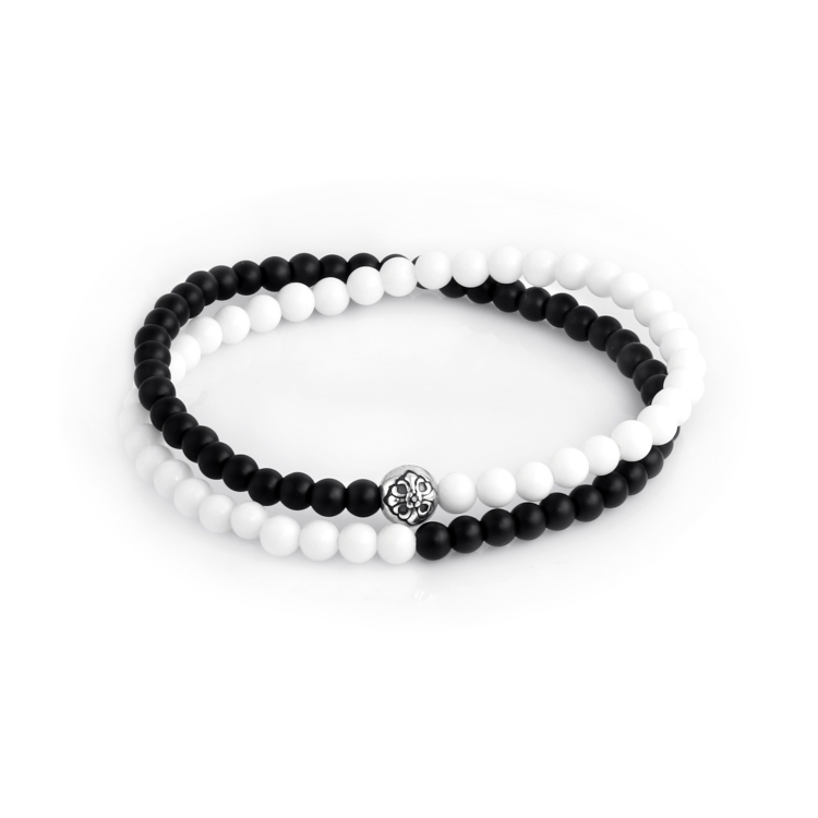 Sterling Silver Lily Ball – Tridacna & Onyx Stones 4mm Double Wrap Bracelet