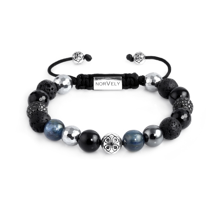 925 Silver Lily & Black CZ Diamonds Balls / Mixed Semi Precious Stones 10mm Basic Bracelet