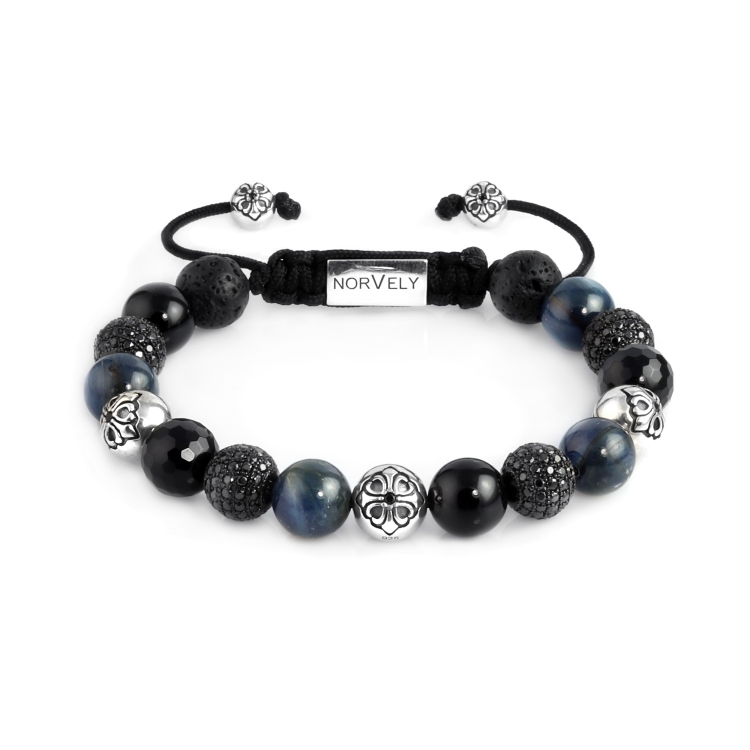 Sterling Silver Lily & Black CZ Diamonds Balls / Mixed Semi Precious Stones 10mm Basic Bracelet