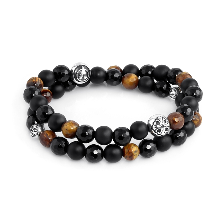 925 Sterling Silver Lily Balls - Tiger Eye & Onyx Stones 8mm Double Wrap Bracelet