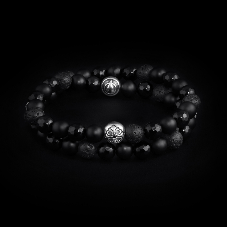 925 Sterling Silver Lily Balls - Onyx & Lava Stones 8mm Double Wrap Bracelet