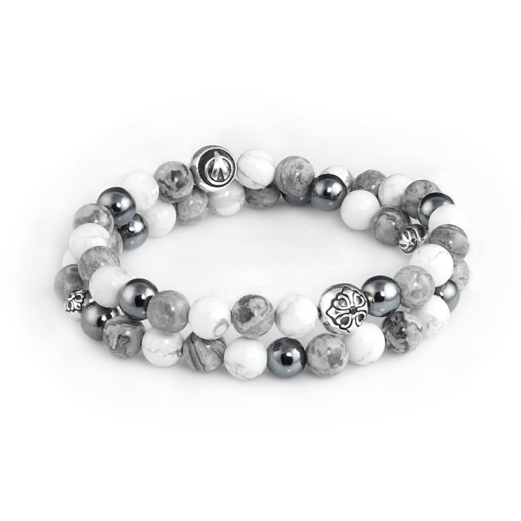 925 Sterling Silver Lily Balls - Hematite, Howlite & Jasper 8mm Double Wrap Bracelet