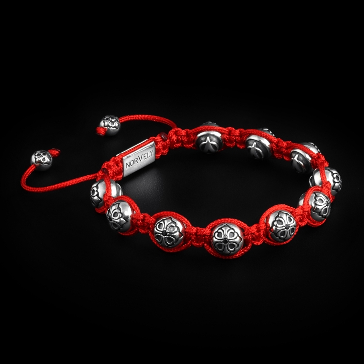 Sterling Silver Lily Balls With Black CZ Diamond 10mm Red Cord Link Bracelet