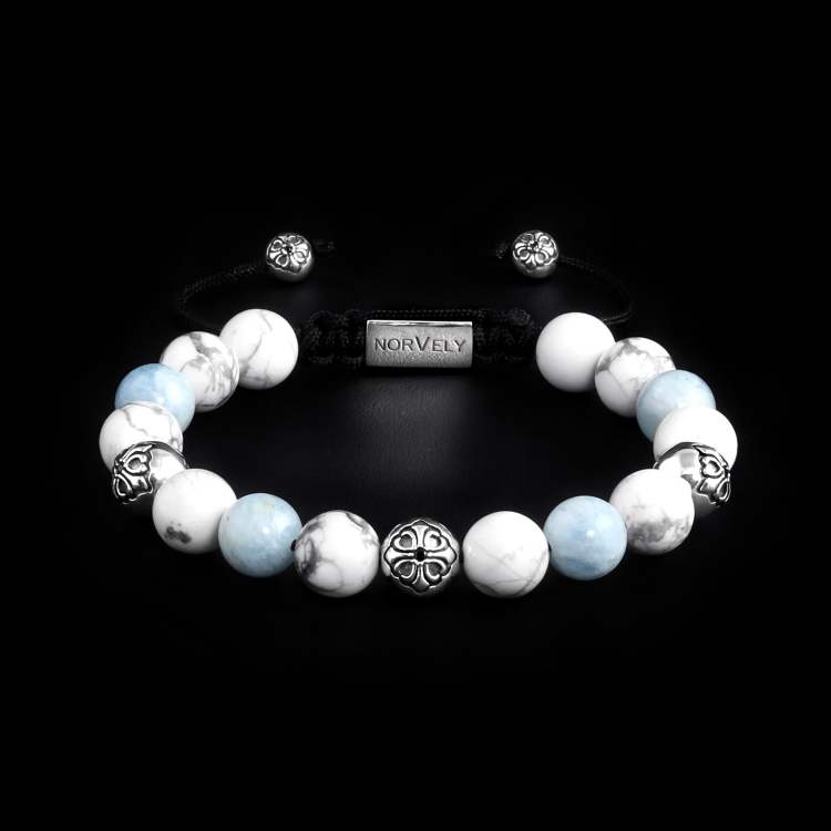 Sterling Silver Lily Balls - Aquamarine & White Howlite Stones 10mm Basic Bracelet