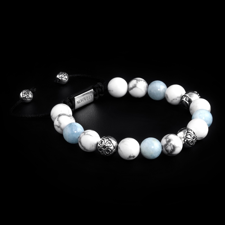 Sterling Silver Lily Balls - Aquamarine & White Howlite Stones 10mm Basic Bracelet