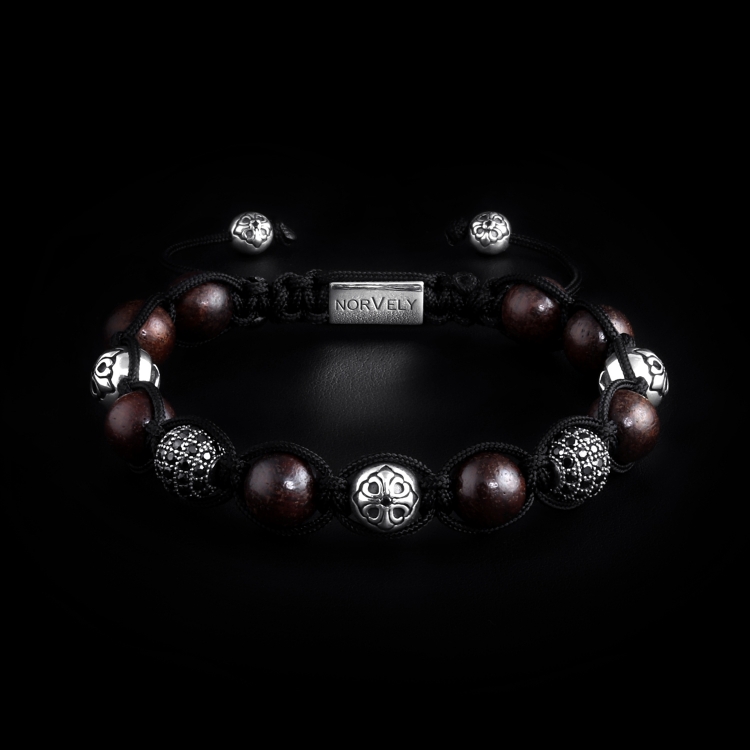 Sterling Silver Lily & CZ Diamonds Balls - Ebony Wood Beads 10mm Link Bracelet