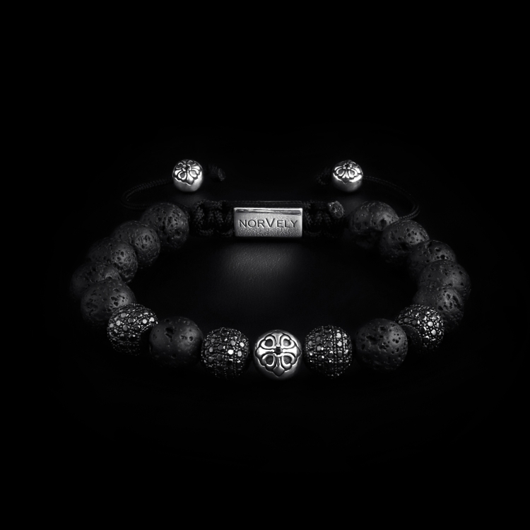 Sterling Silver Lily & CZ Diamonds Balls - Lava Stones 10mm Basic Bracelet