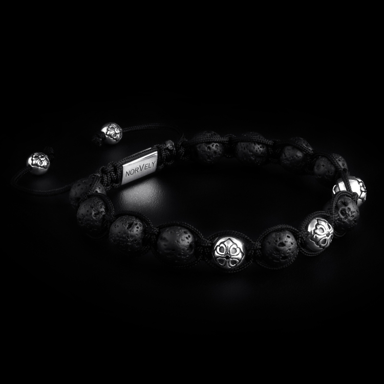 Sterling Silver Lily Balls & Lava Stone 10mm Link Bracelet