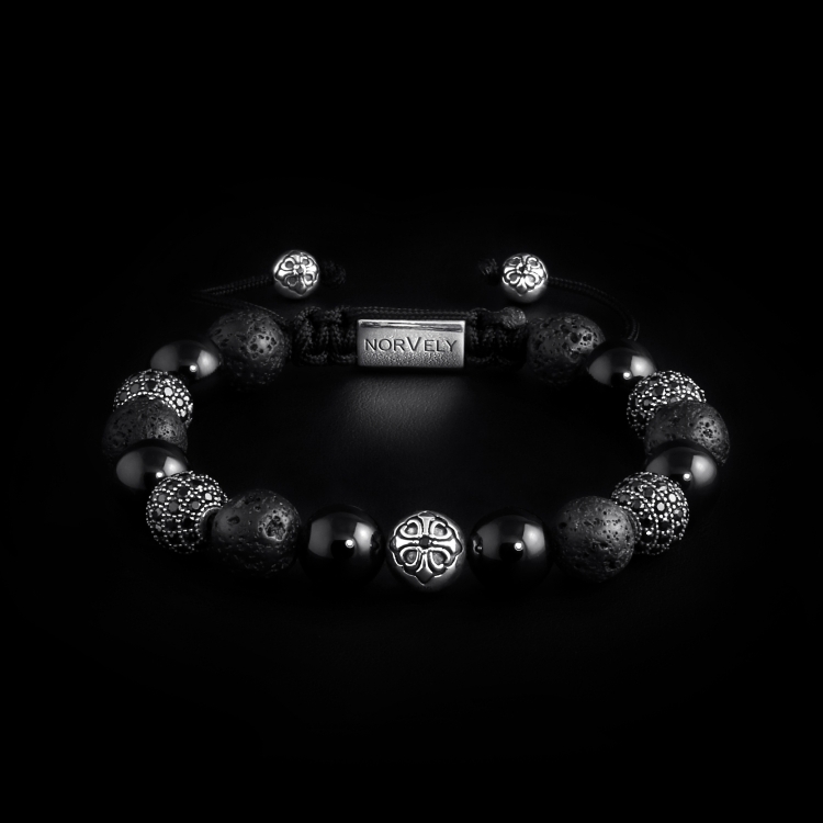 Sterling Silver Lily & CZ Diamonds Balls – Onyx & Lava Stone 10mm Basic Bracelet