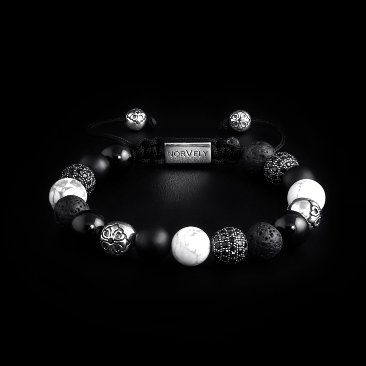 Sterling Silver Lily & CZ Diamonds Balls – Onyx, Howlite & Lava Stone 10mm Basic Bracelet