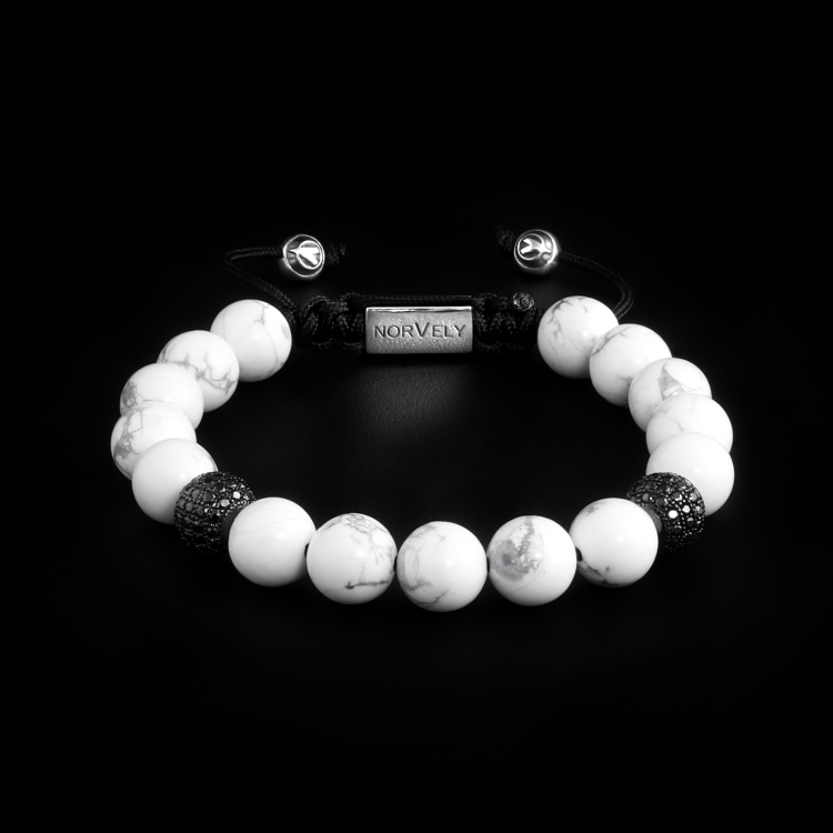 Sterling Silver Ruthenium Plated Beads With Black CZ Diamonds & Howlite Stones 10mm Basic Bracelet