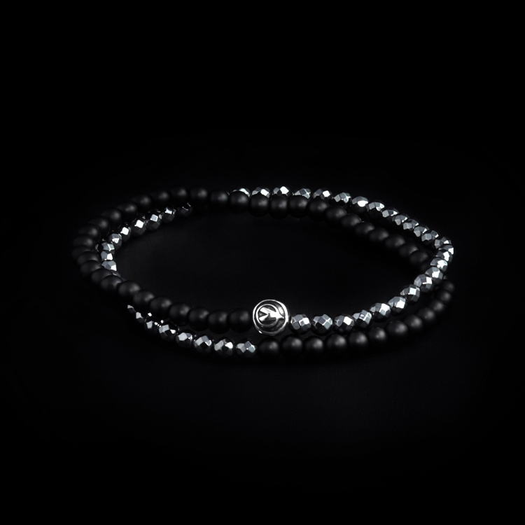 Sterling Silver Logo Ball - Hematite & Onyx Stones 4mm Double Wrap Bracelet