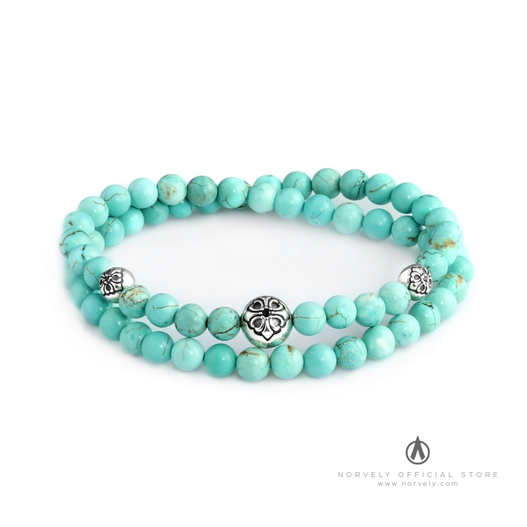 Sterling Silver Lily Balls & Bali Turquoise Stones 6mm Double Wrap Bracelet