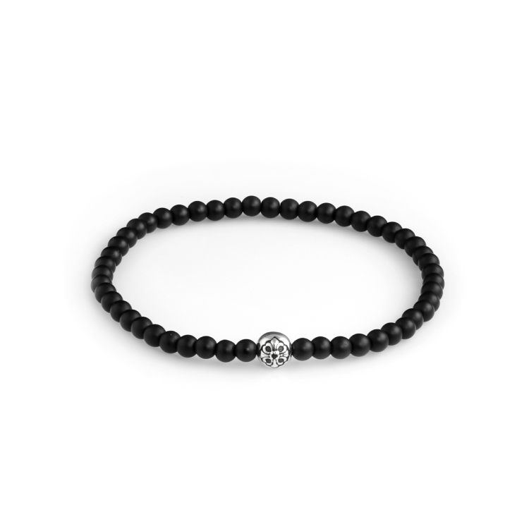 925 Sterling Silver Lily Ball & Matte Onyx Stones 4mm Elastic Bracelet