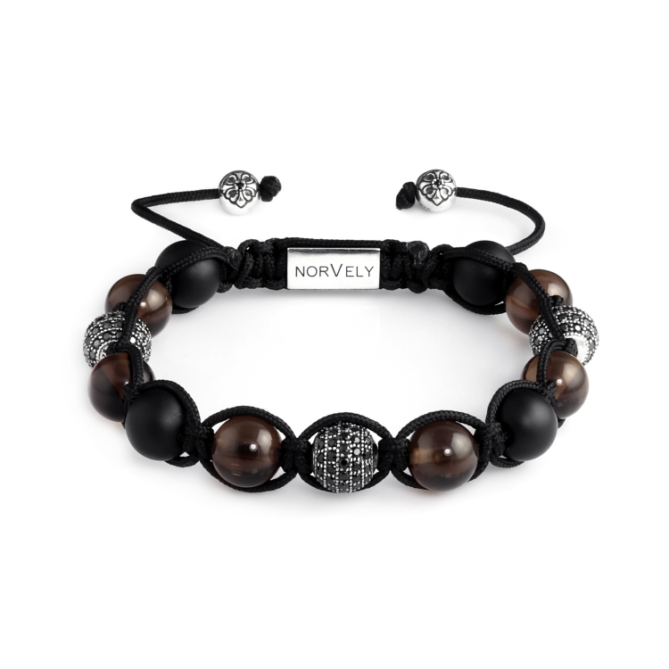 Sterling Silver CZ Diamonds Balls – Smoky Quartz & Matte Onyx 10mm Link Bracelet