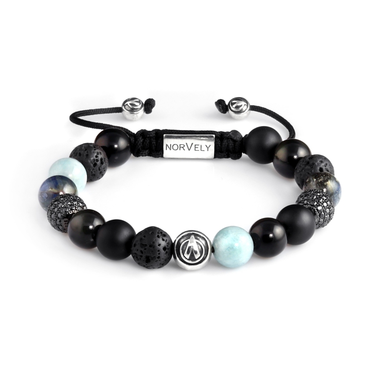 Silver Logo Ball & CZ Diamonds / Mixed Stones – Aquamarine, Kyanite & Obsidian 10mm Basic Bracelet