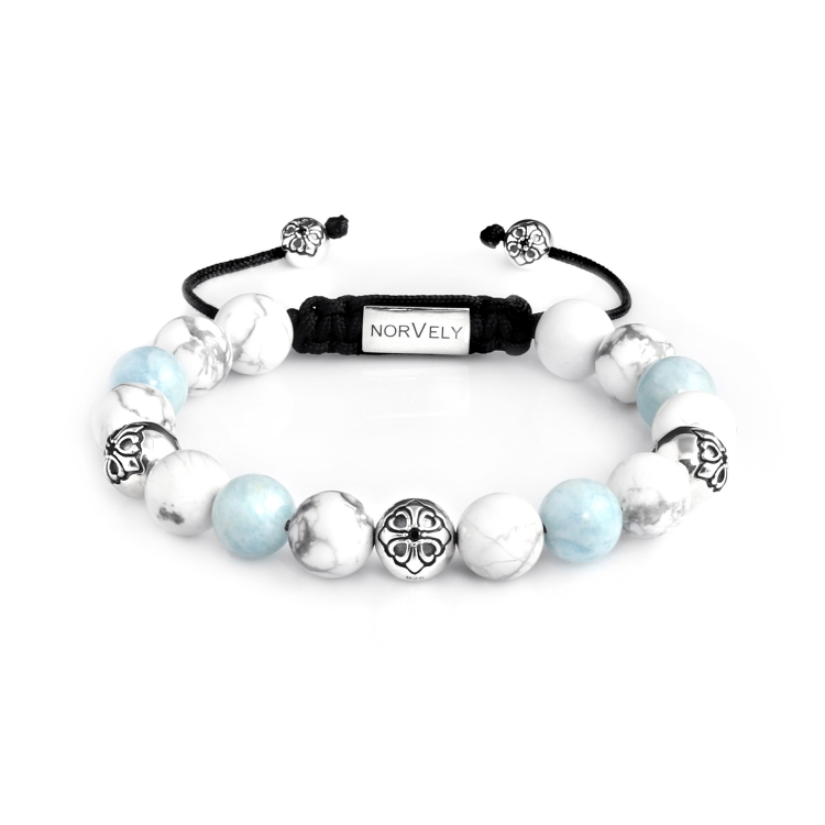 Sterling Silver Lily Balls - Aquamarine & White Howlite Stones 10mm Basic Bracelet