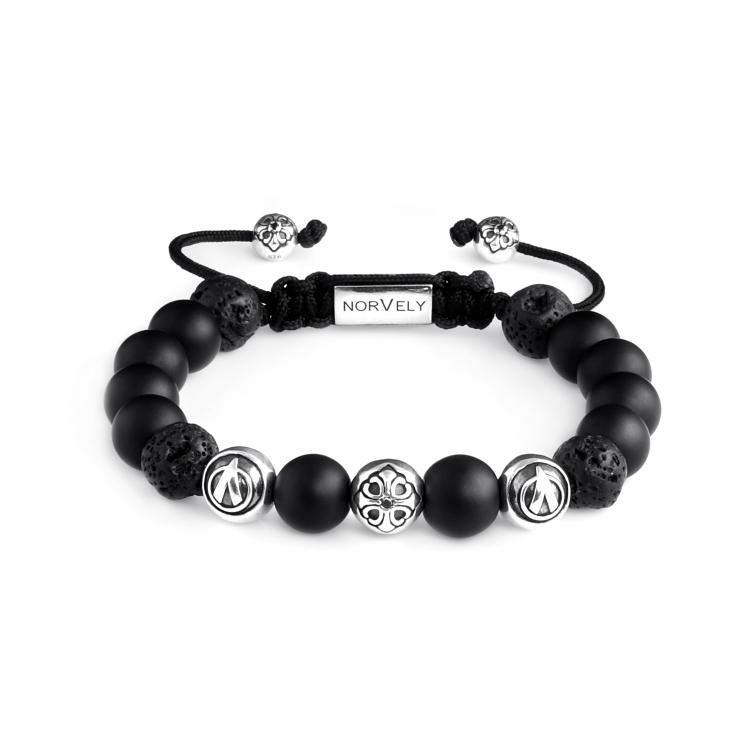 Sterling Silver Lily & Logo Balls - Matte Onyx & Lava Stones 10mm Basic Bracelet