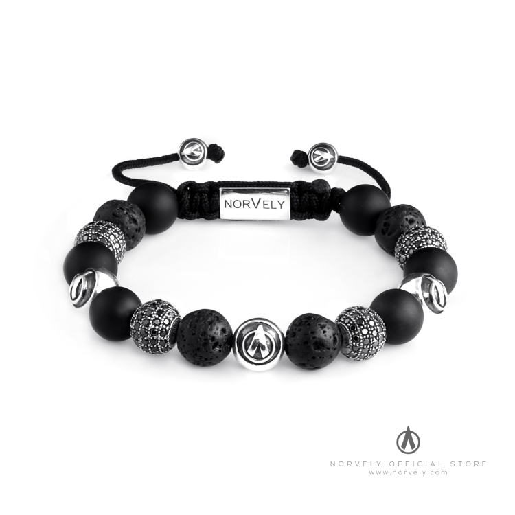 Sterling Silver Logo & CZ Diamonds Balls – Matte Onyx & Lava Stones 10mm Basic Bracelet