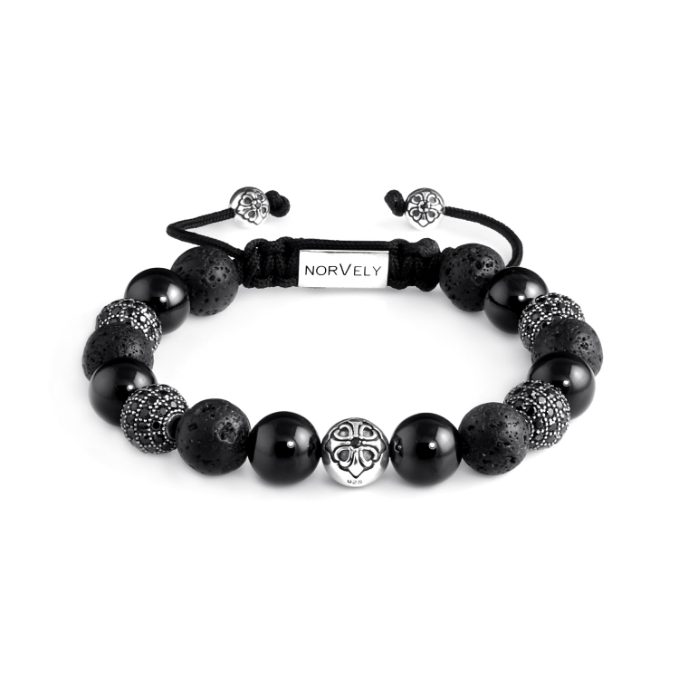 Sterling Silver Lily & CZ Diamonds Balls – Onyx & Lava Stone 10mm Basic Bracelet